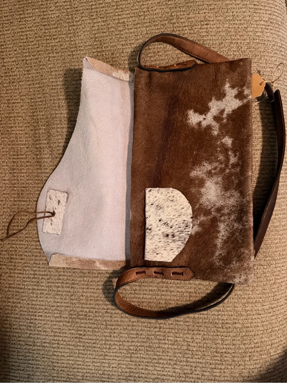 Handcrafted Brown and Cream Cowhide Crossbody Bag with Purple Agate Accent